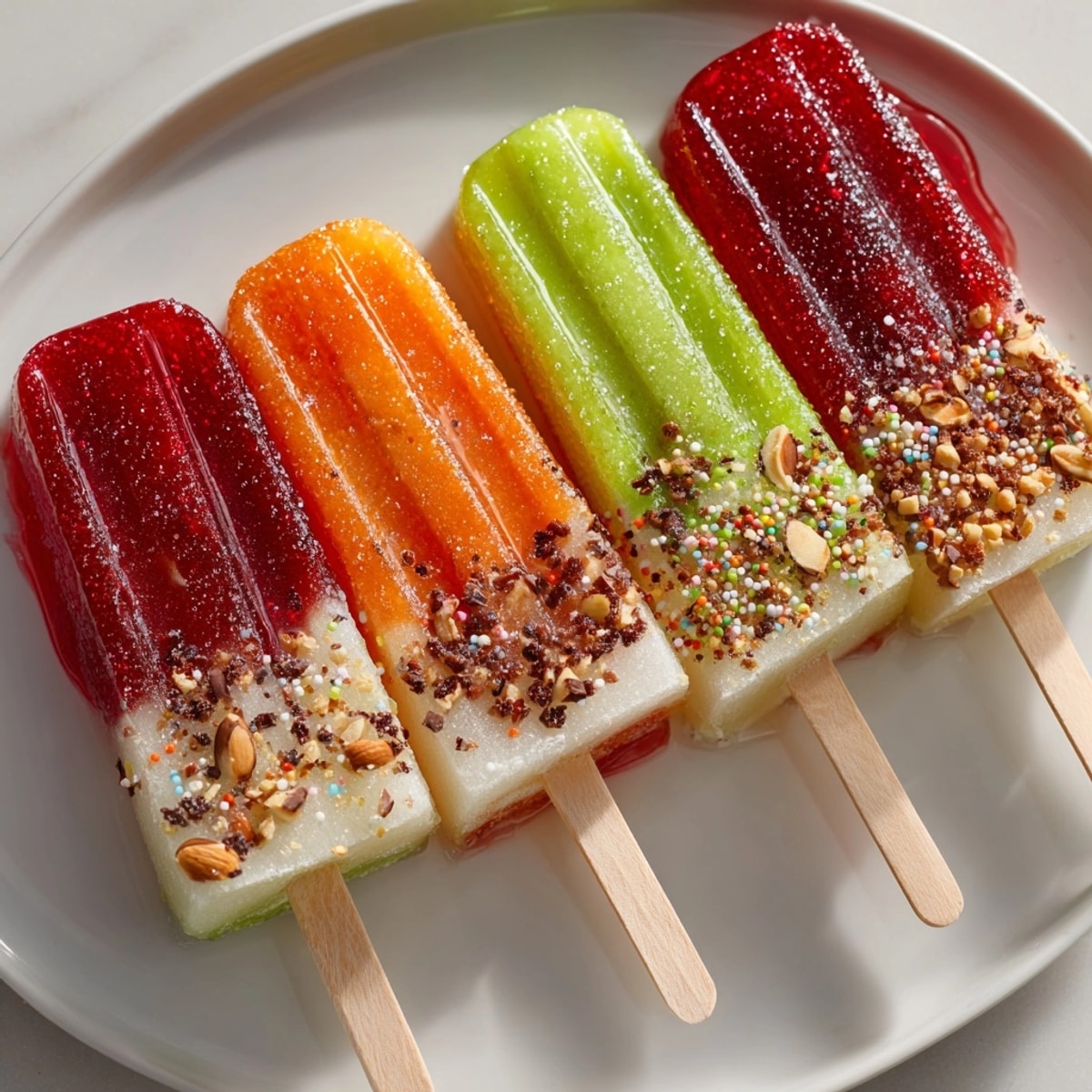 Vibrant trick-or-treat candy apple slices: Red, orange, glistening sugary coating on crisp apples.