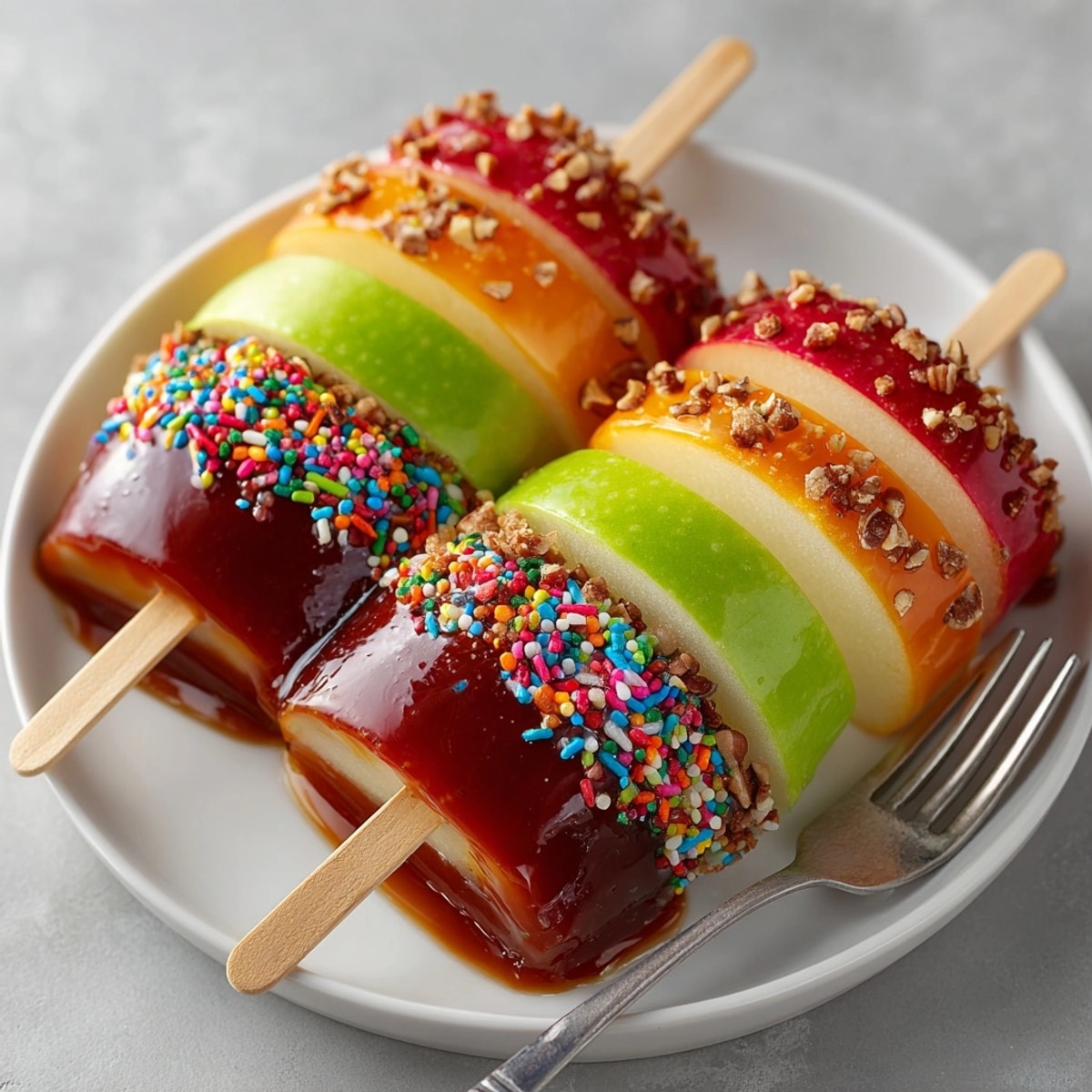 Festive Trick-or-Treat Candy Apple Slices: A sweet, crunchy Halloween treat for parties.