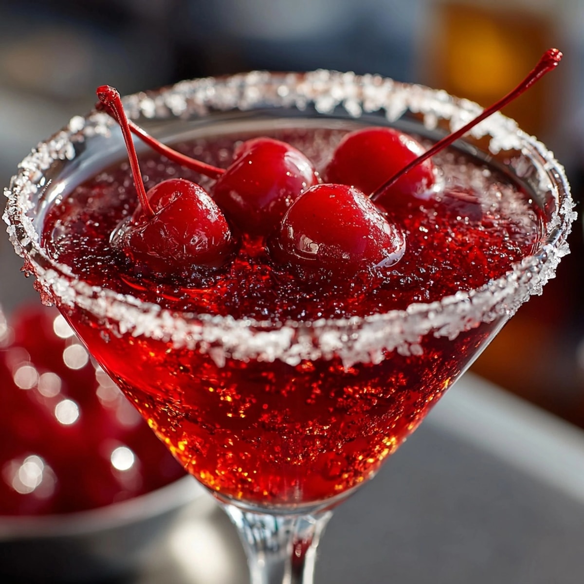 Vibrant Vampire Kiss Martini with sugared rim, garnished with a bright maraschino cherry.