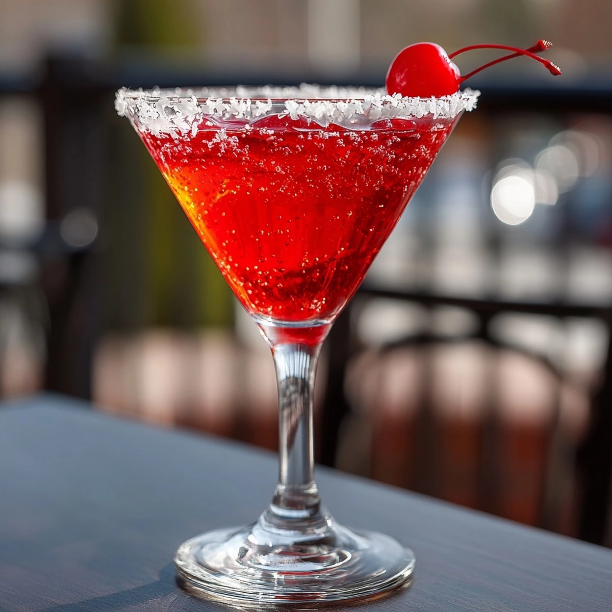 Shimmering red Vampire Kiss Martini, freshly strained; perfect for Halloween cocktail parties.