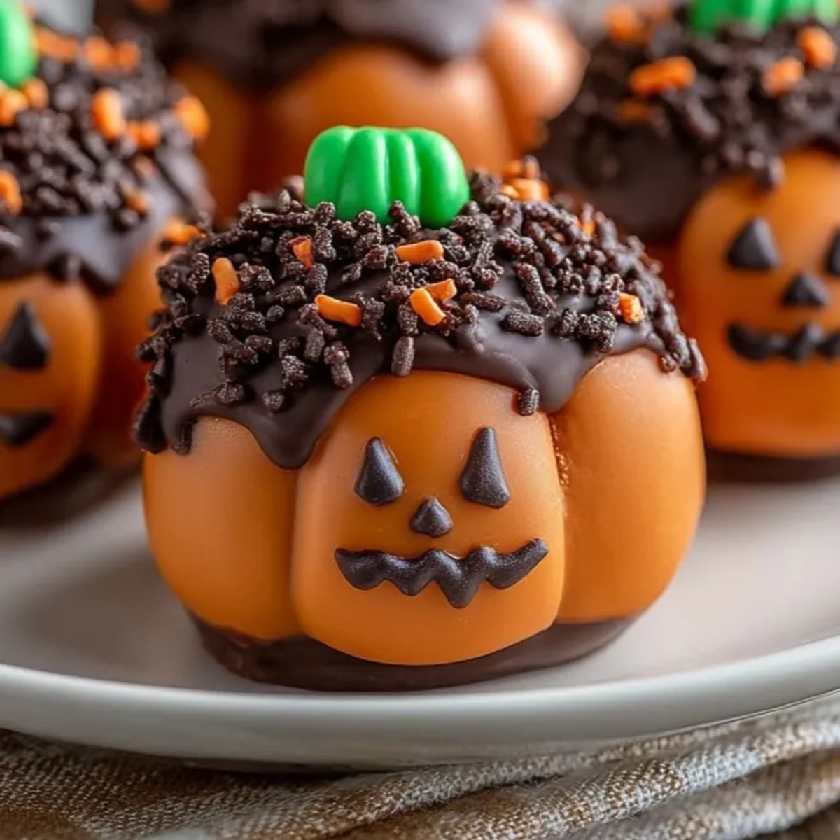 Close-up of Halloween Chocolate-Covered Pretzel Pumpkins, a tasty, festive dessert ready to serve.