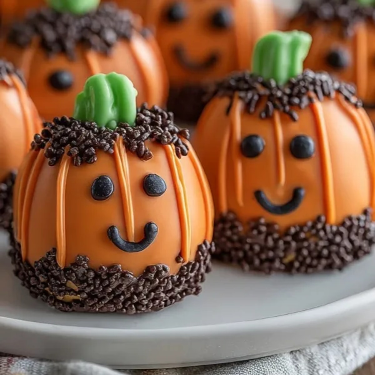Homemade Halloween Chocolate-Covered Pretzel Pumpkins: Orange-dipped pretzels with candy stems, chilling on parchment.