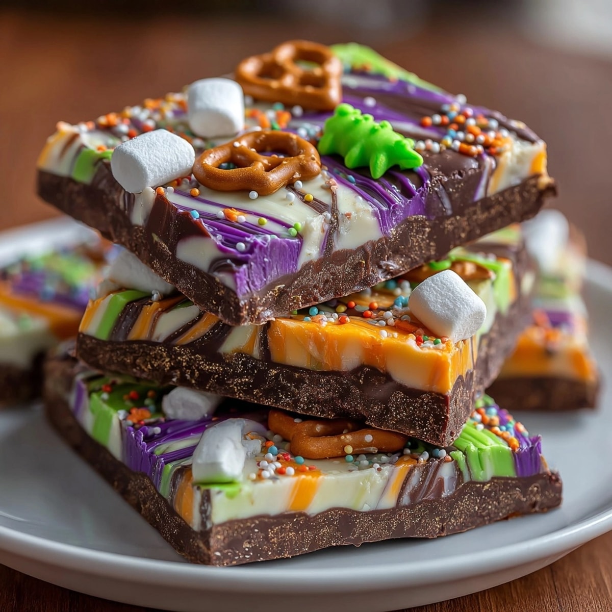 Close-up of vibrant Melted Witch Chocolate Bark, speckled with sprinkles and pretzel "legs.”