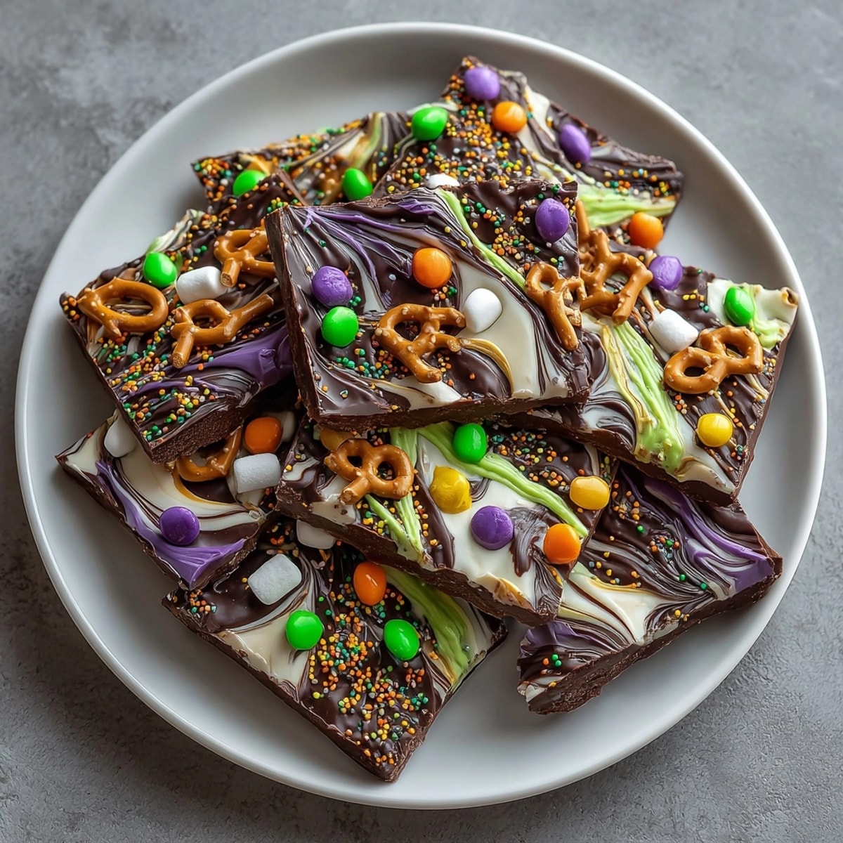 Homemade Melted Witch Chocolate Bark recipe: colorful marbled chocolate with witchy decorations.
