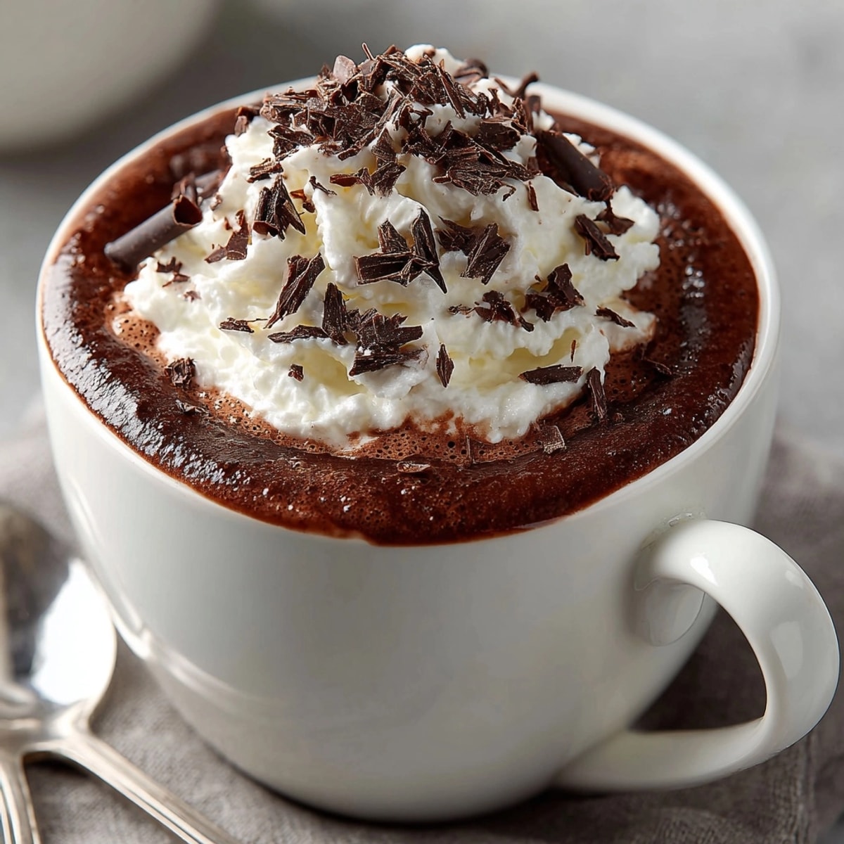 Rich and creamy Black Velvet Hot Chocolate, topped with whipped cream and chocolate shavings.