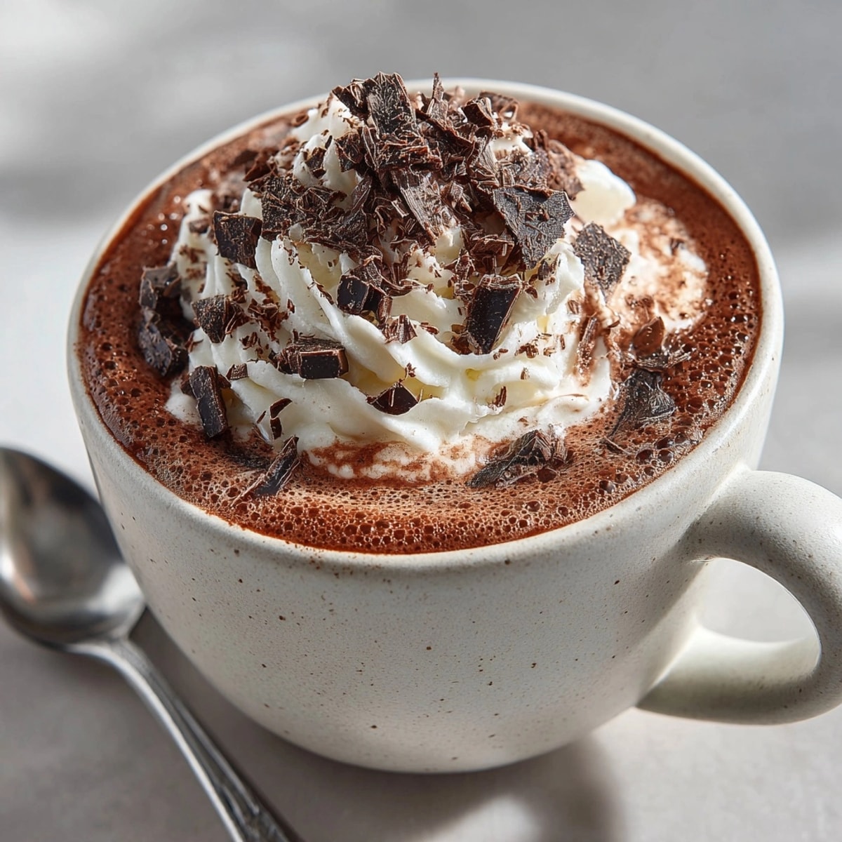 Steaming mug of homemade Black Velvet Hot Chocolate, a decadent blend of dark cocoa.