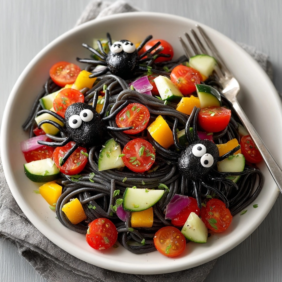Creepy Crawly Pasta Salad: Black pasta swirled with colorful veggies and olive spiders.