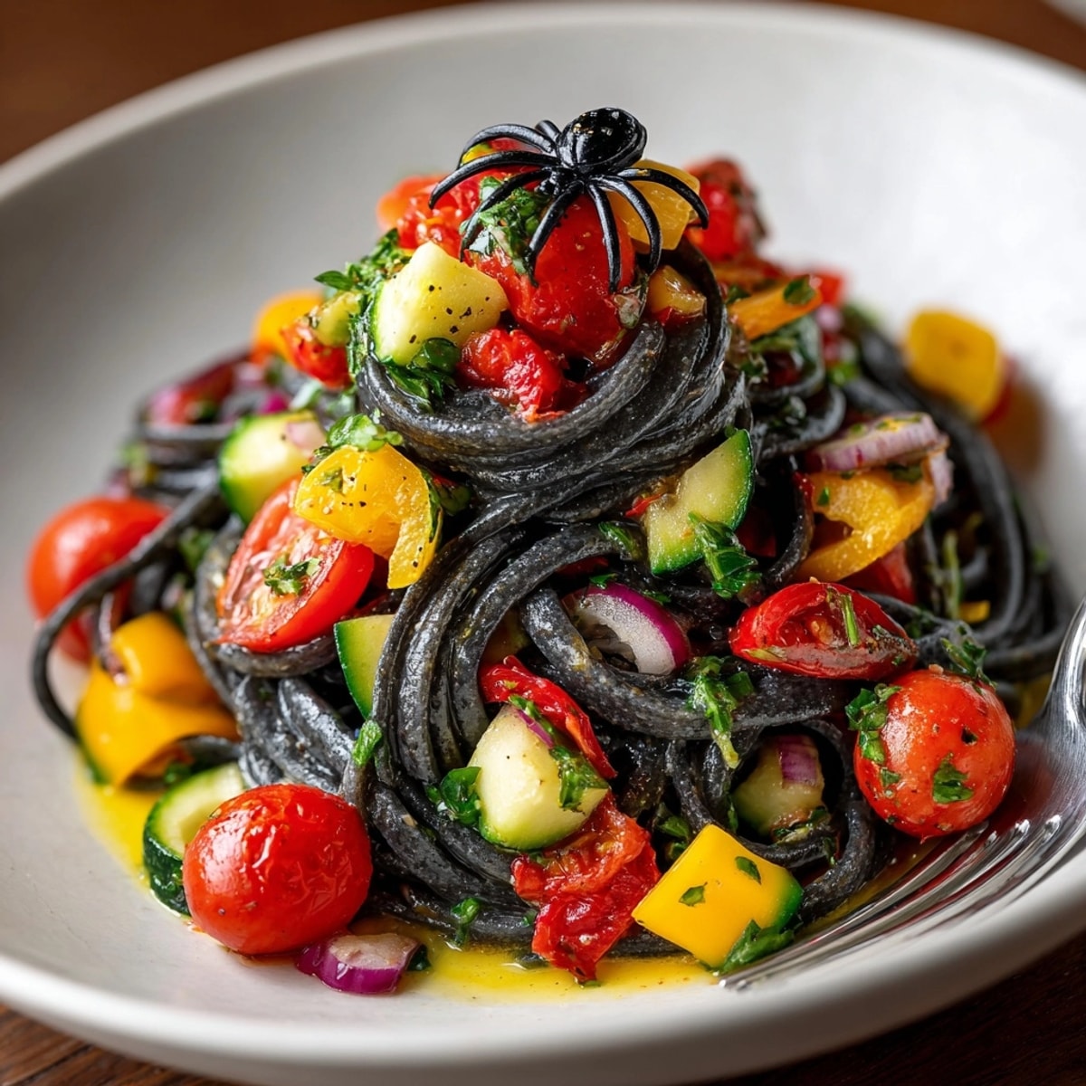 A bowlful of Creepy Crawly Pasta Salad features spooky olive spiders and vibrant fresh vegetables.