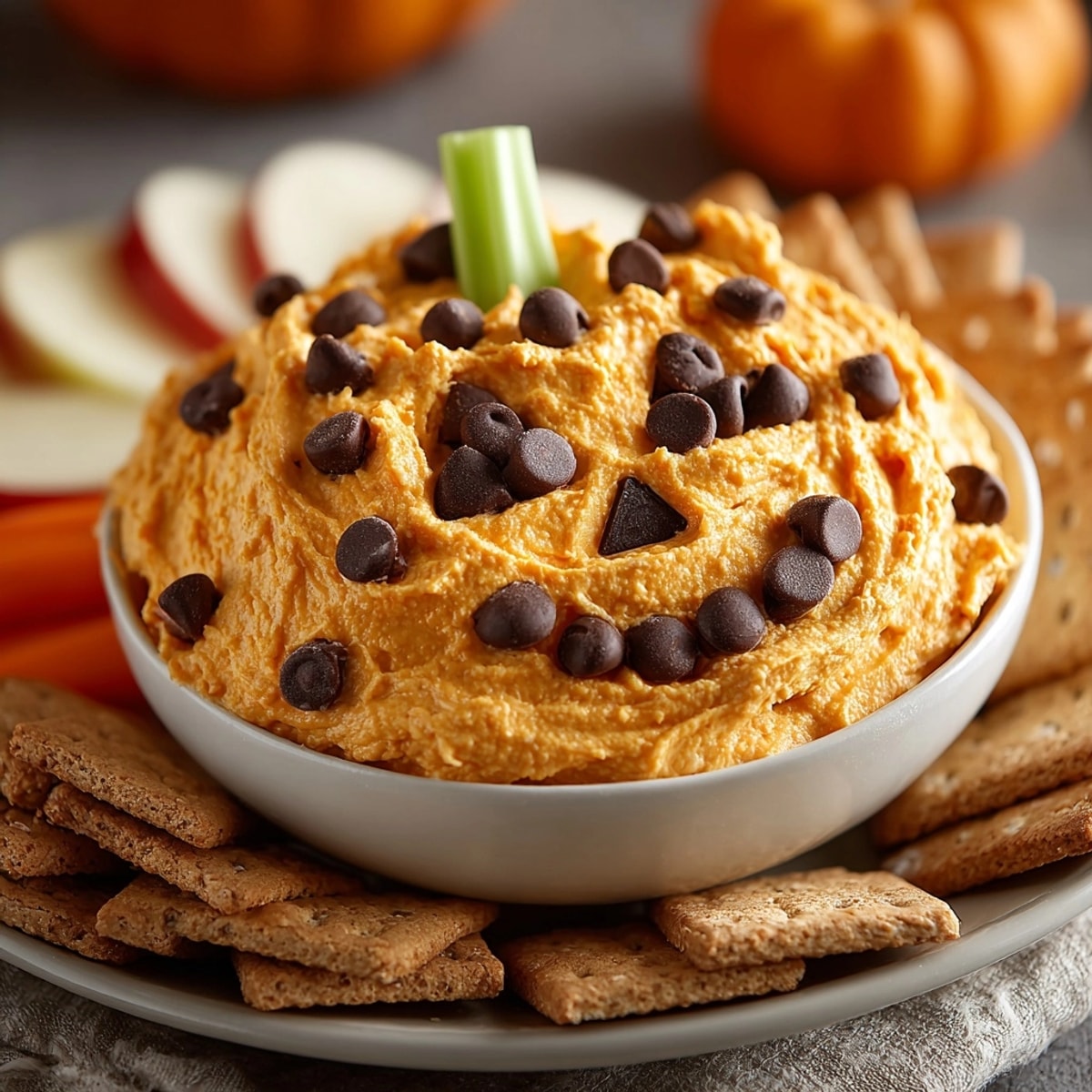 Creamy Jack-o'-Lantern Cheesecake Dip, artfully decorated with chocolate chips, ready for graham cracker dipping.