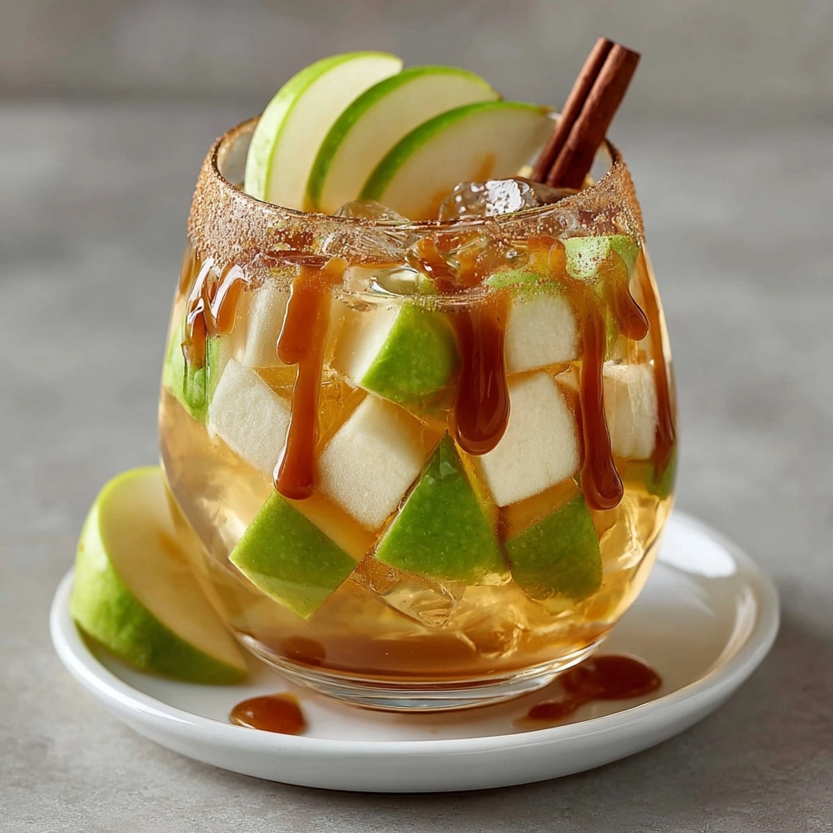 Slices of garnished Caramel Apple Sangria in glasses, autumnal and sweet.