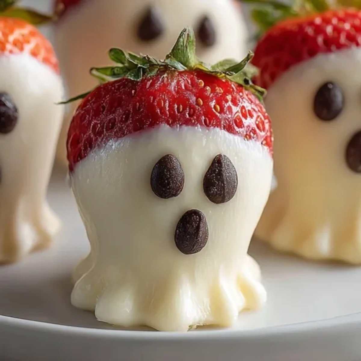 Creamy Yogurt-Covered Strawberry Ghosts chilling on parchment, ready for a spooky Halloween treat.