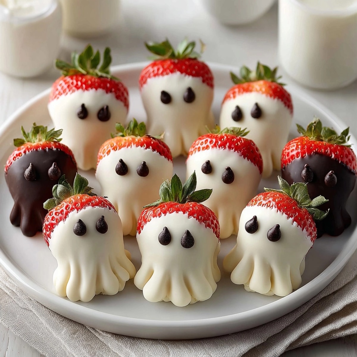 Refreshing frozen Yogurt-Covered Strawberry Ghosts with sweet berry flavor and chocolate eyes.
