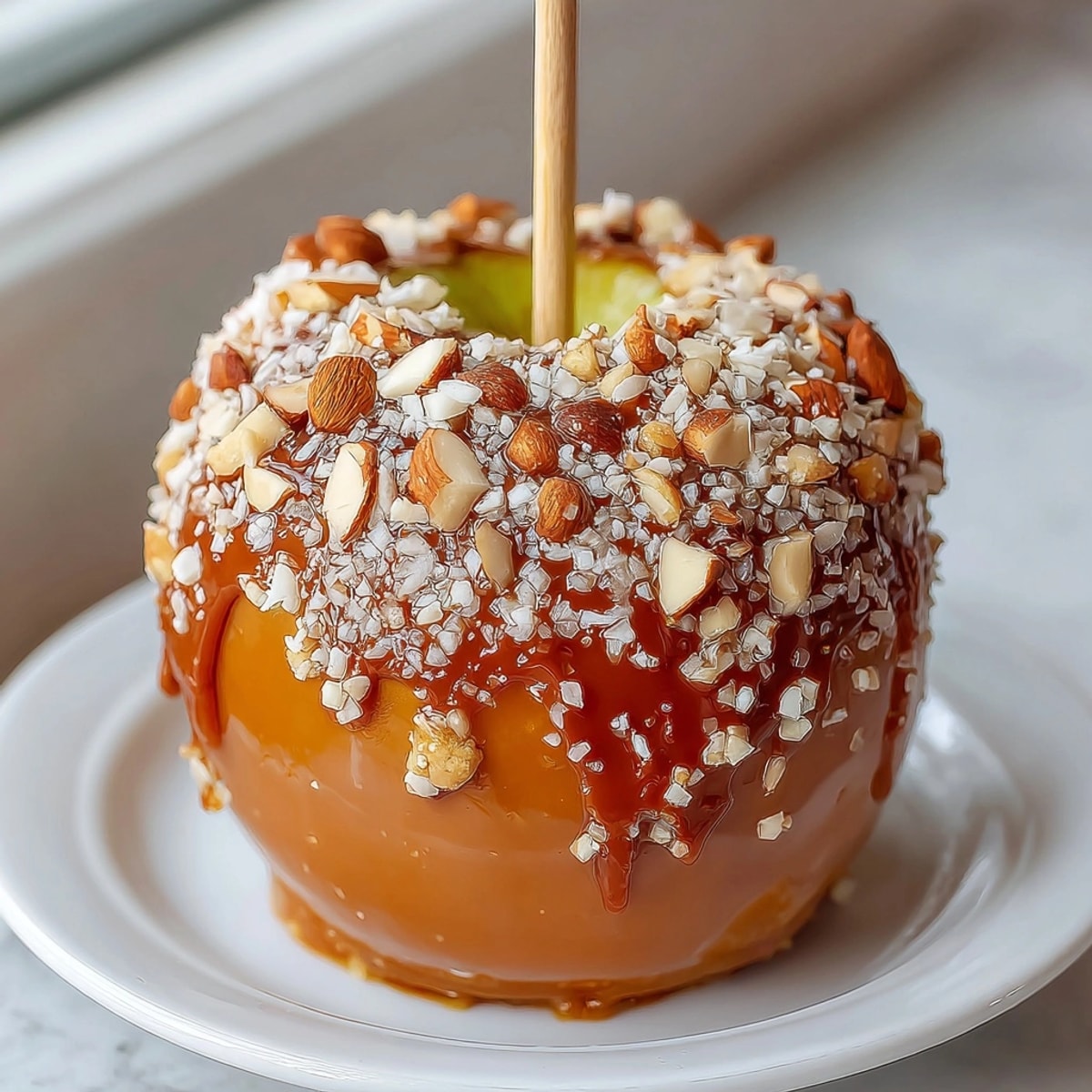 Close-up of shiny, coconut Vegan Caramel Apples cooling, speckled with nuts on parchment.