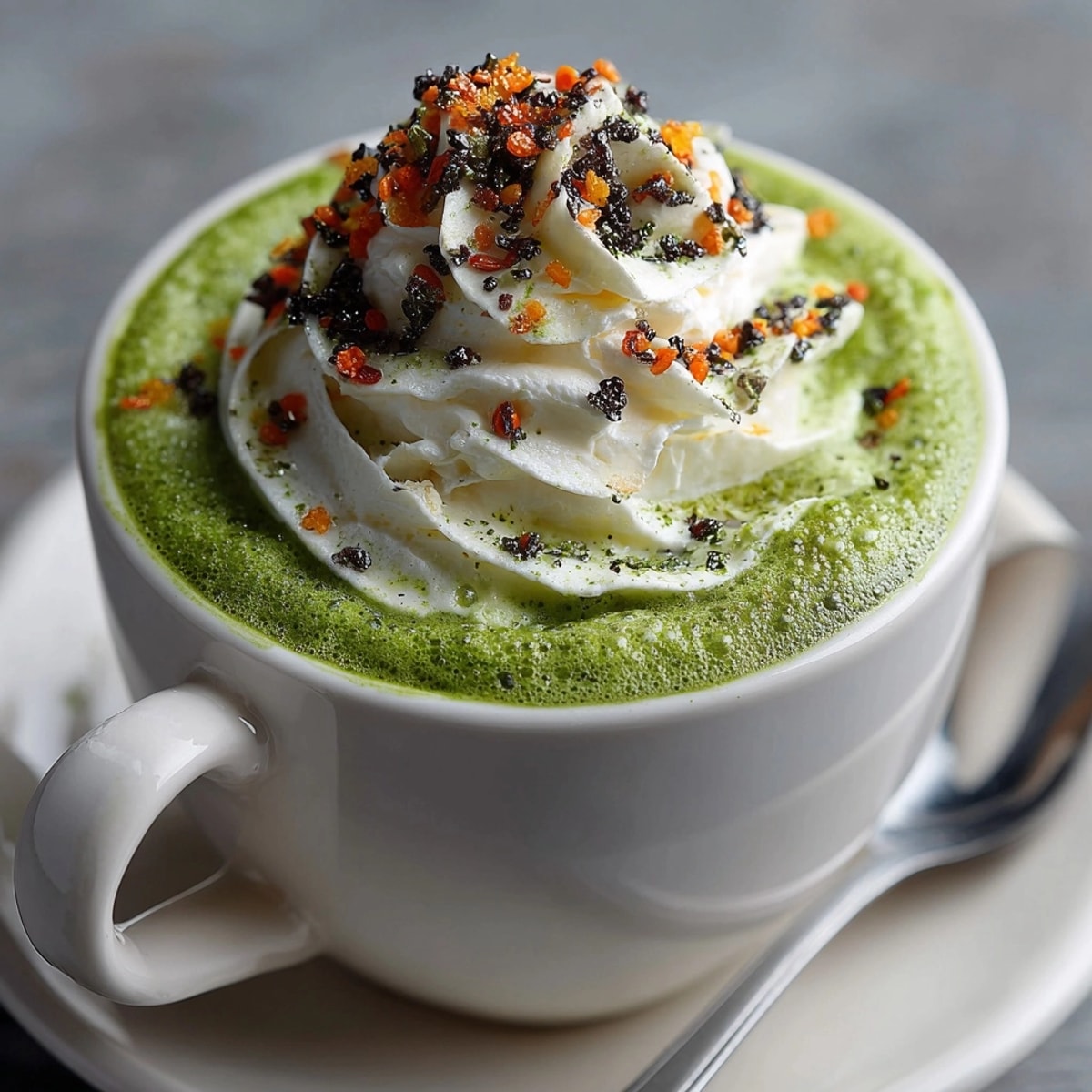 Rich Poison Green Matcha Latte swirled to an eerie hue, ready to drink.