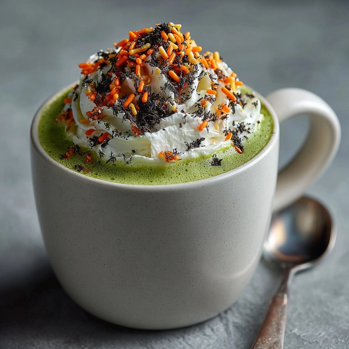 Steaming Poison Green Matcha Latte in a clear mug, garnished for Halloween fun.