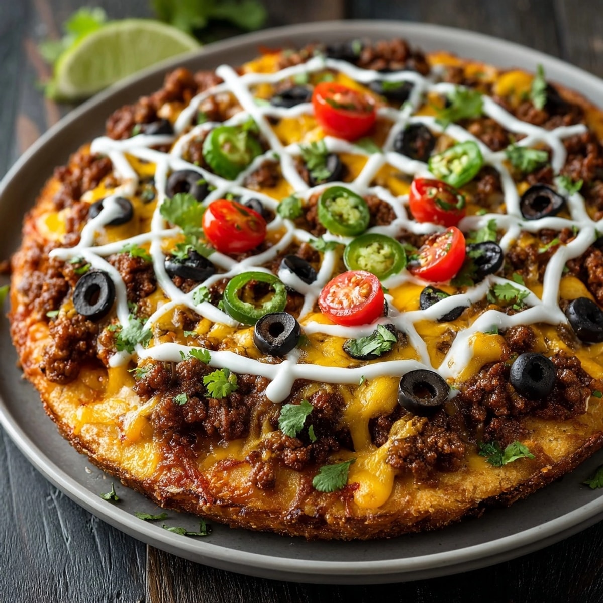 A fun, flavorful Spiderweb Taco Pizza, baked to perfection with fresh cilantro garnish.