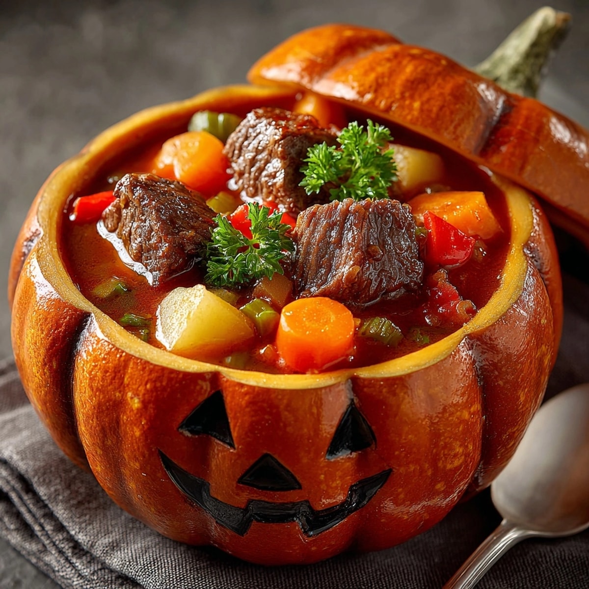 Savory Jack-o'-Lantern Beef Stew simmering inside a roasted pumpkin, a beautiful, edible autumn centerpiece.