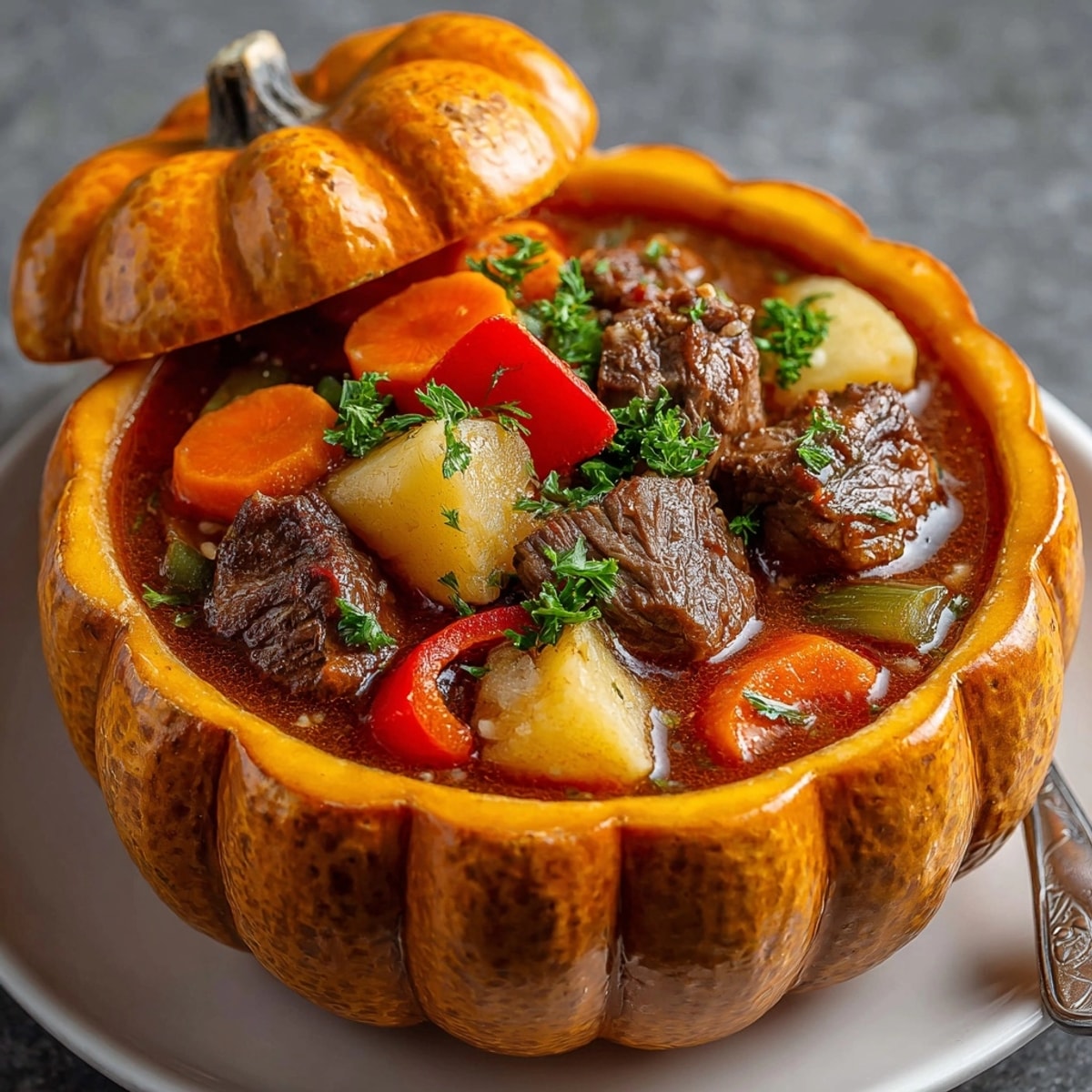 Roasted pumpkin brimming with Jack-o&apos;-Lantern Beef Stew, a warming fall dinner, hearty and wholesome.