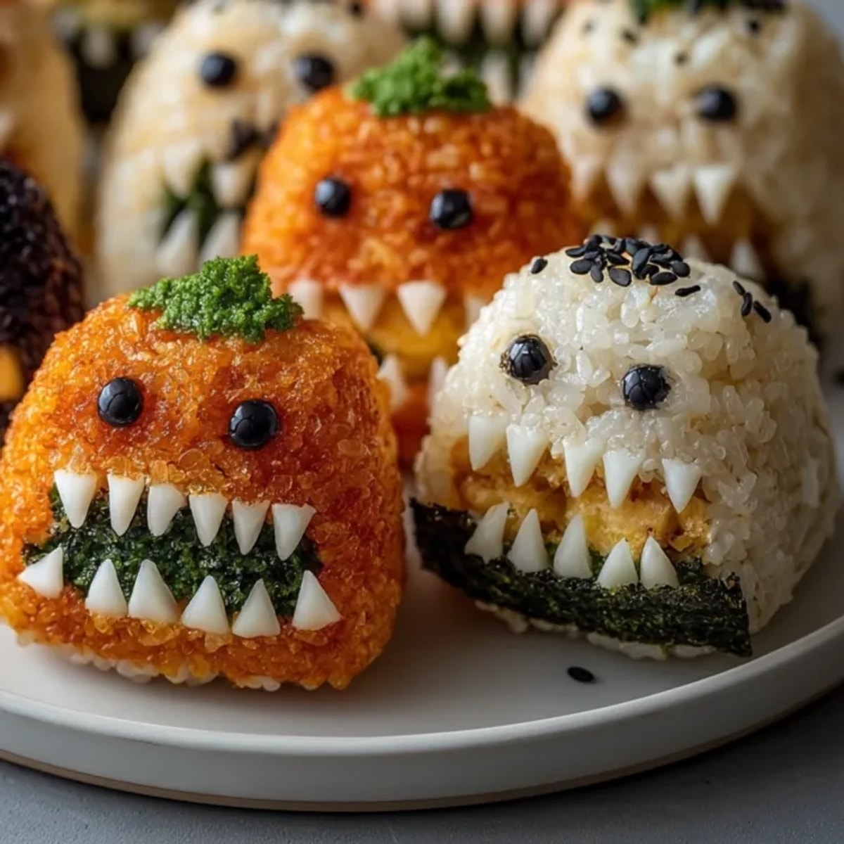 Close-up of spooky Halloween Stuffed Rice Balls, decorated with seaweed faces, ready to eat.