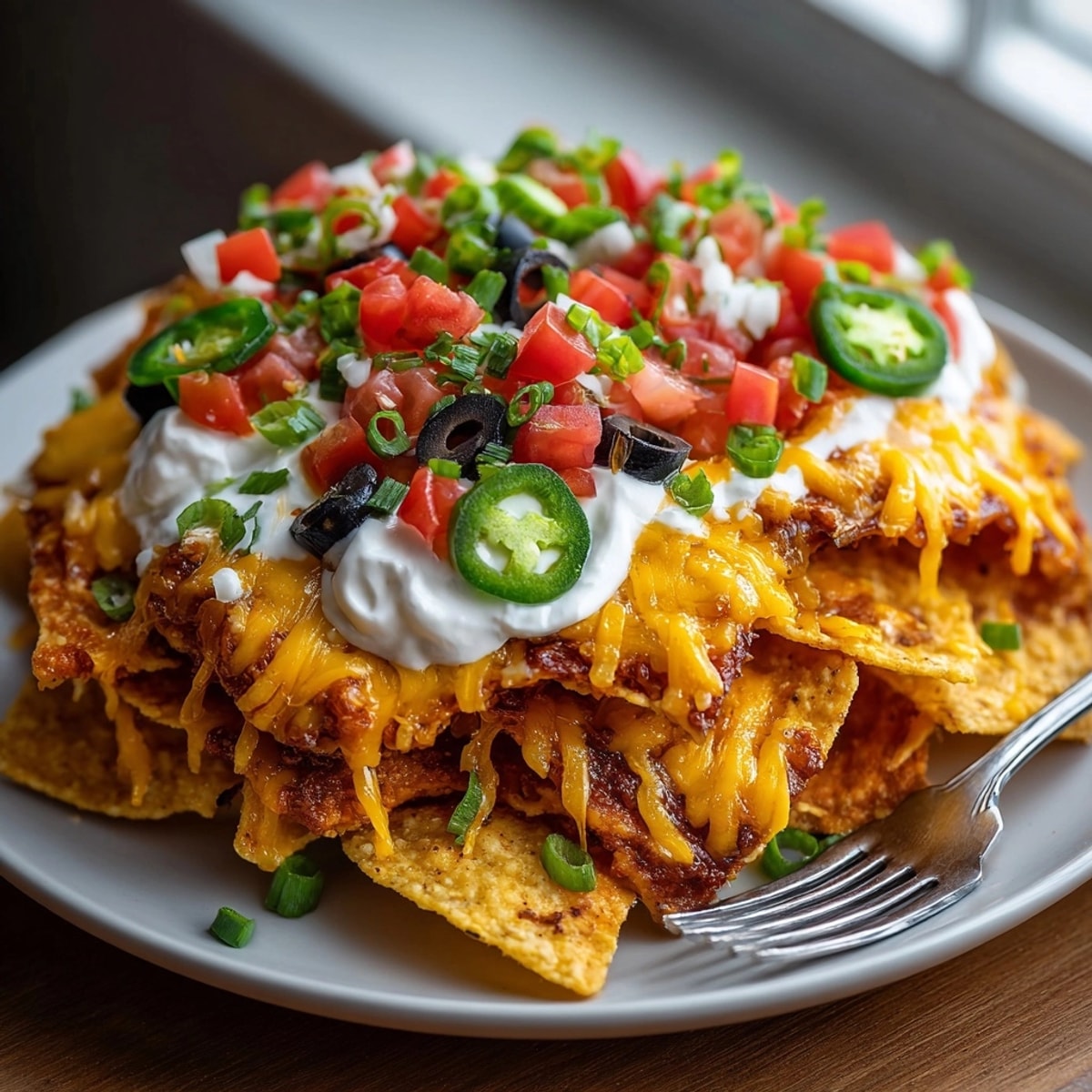 Golden, bubbly Dollar Store Nachos, fresh out of the oven, topped with colorful salsa and sour cream.