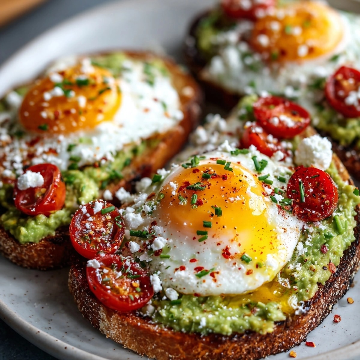 Delicious homemade Avocado Egg Toast Bake: golden brown bread, vibrant toppings, and runny yolk.