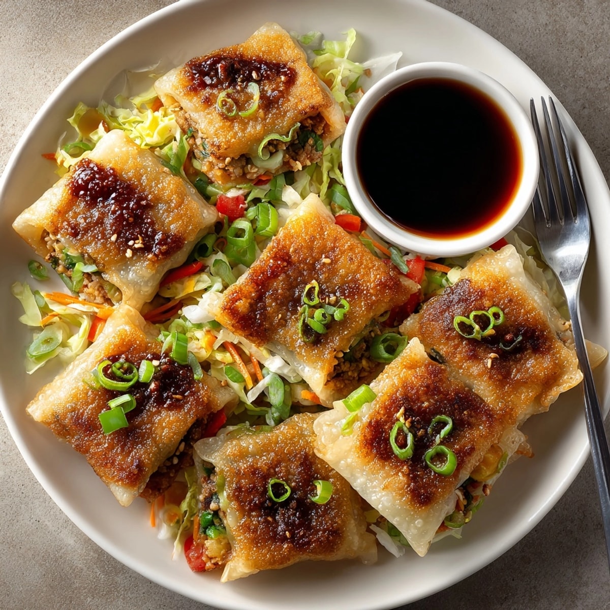 Golden brown crispy rice paper dumplings, pan-fried until perfectly crunchy, served with dipping sauce.