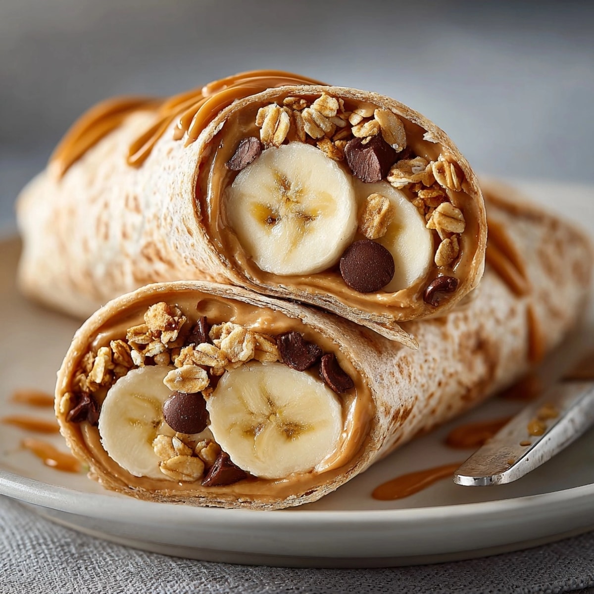 Golden Peanut Butter Banana Wraps, sliced diagonally, show creamy filling and textured banana.