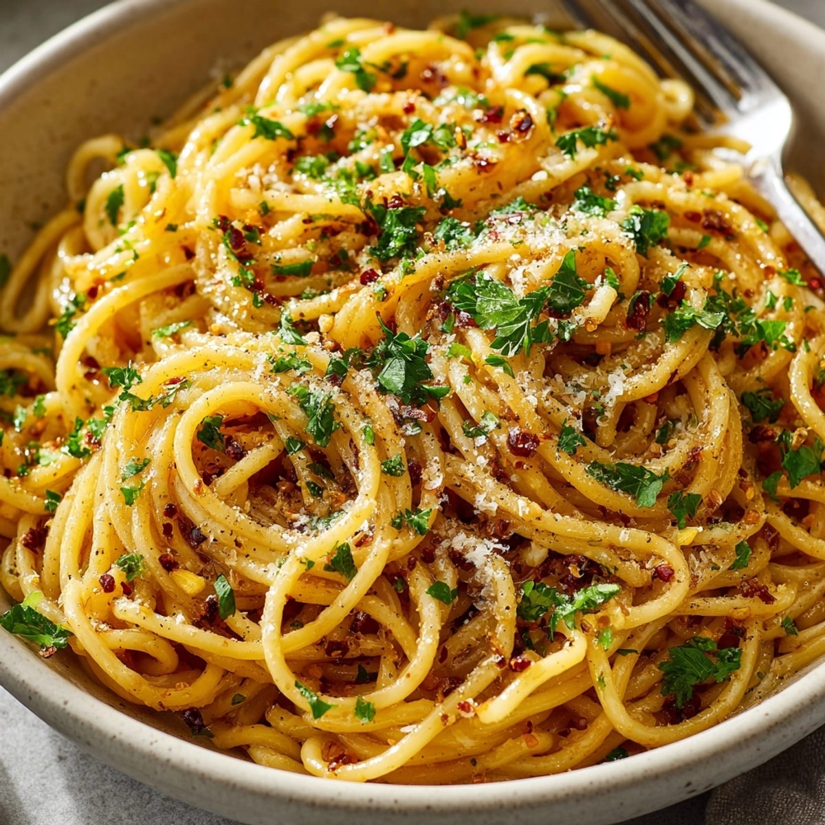 Close-up captures steaming Garlic Butter Pasta Ramen Hack, topped with fresh parsley and cheese.