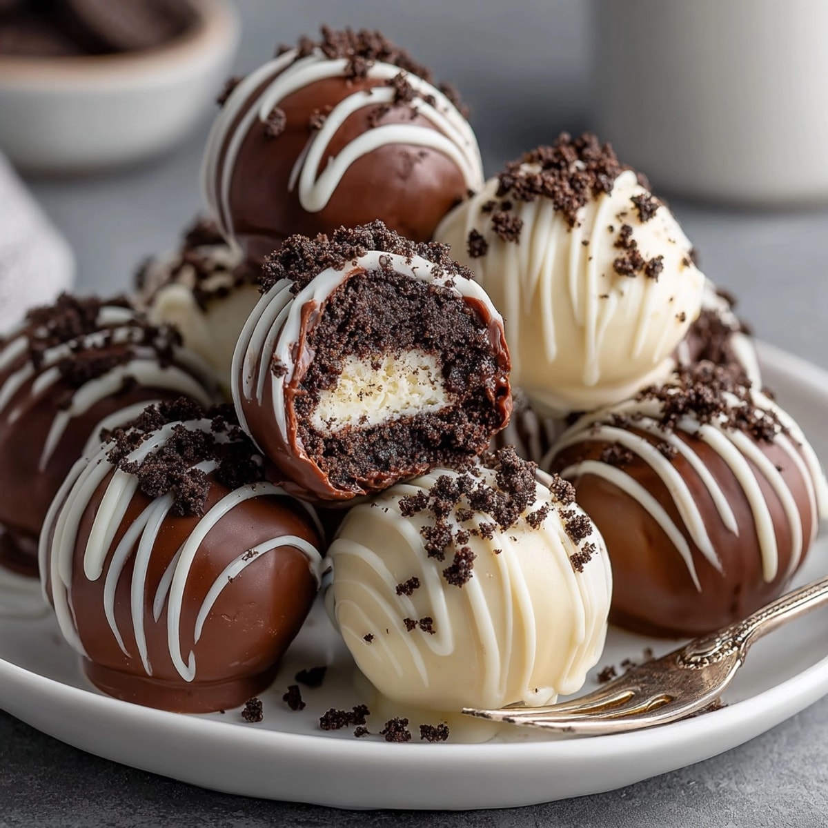 Creamy No-Bake Oreo Truffles, freshly dipped in glossy chocolate and ready to chill.