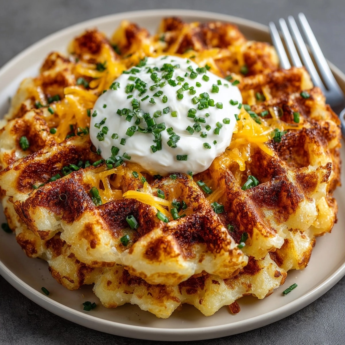 Golden Instant Mashed Potato Waffles, fresh from the iron; cheesy, savory breakfast treat.