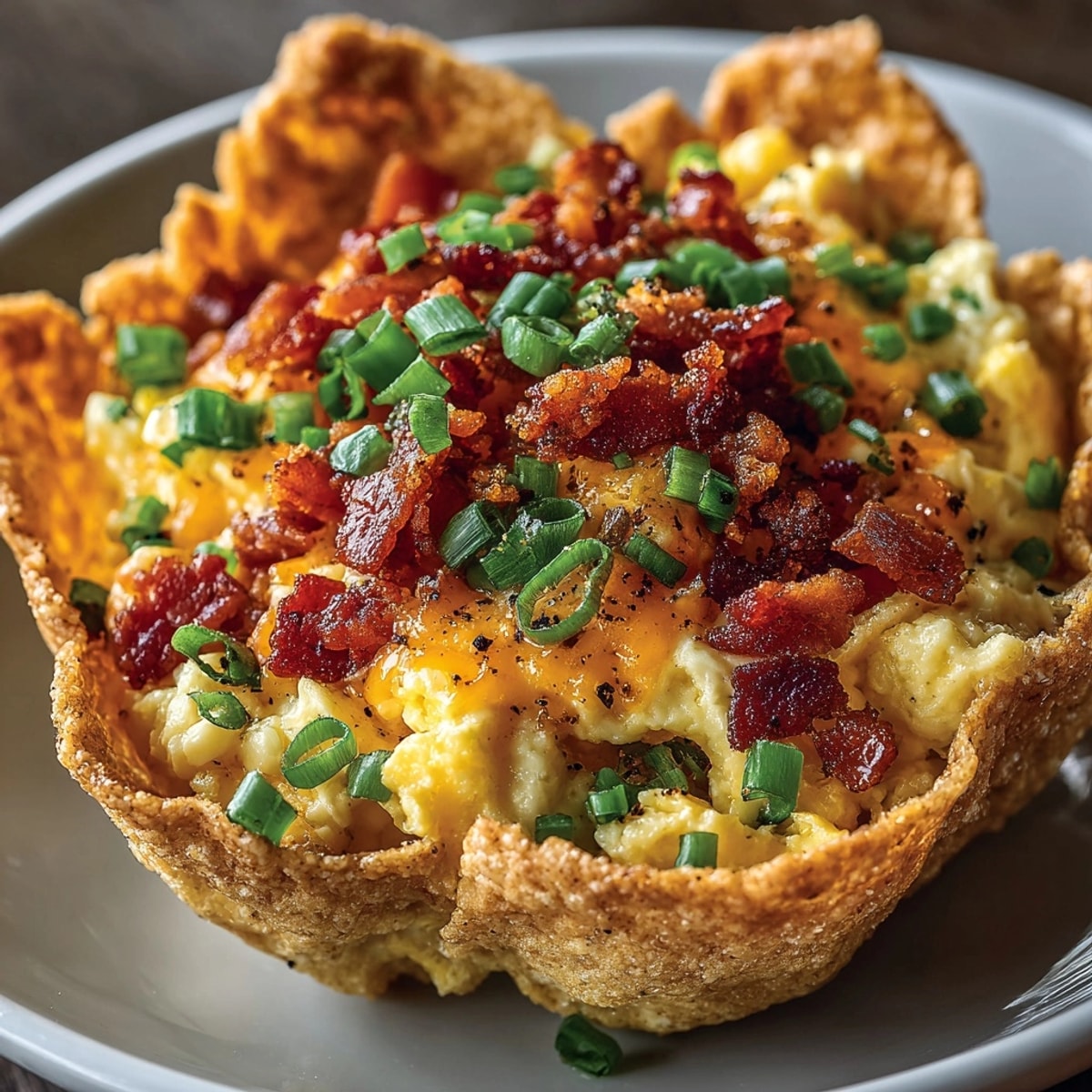 Golden baked Crunchy Tortilla Breakfast Cups, oozing cheese and savory bacon aroma.