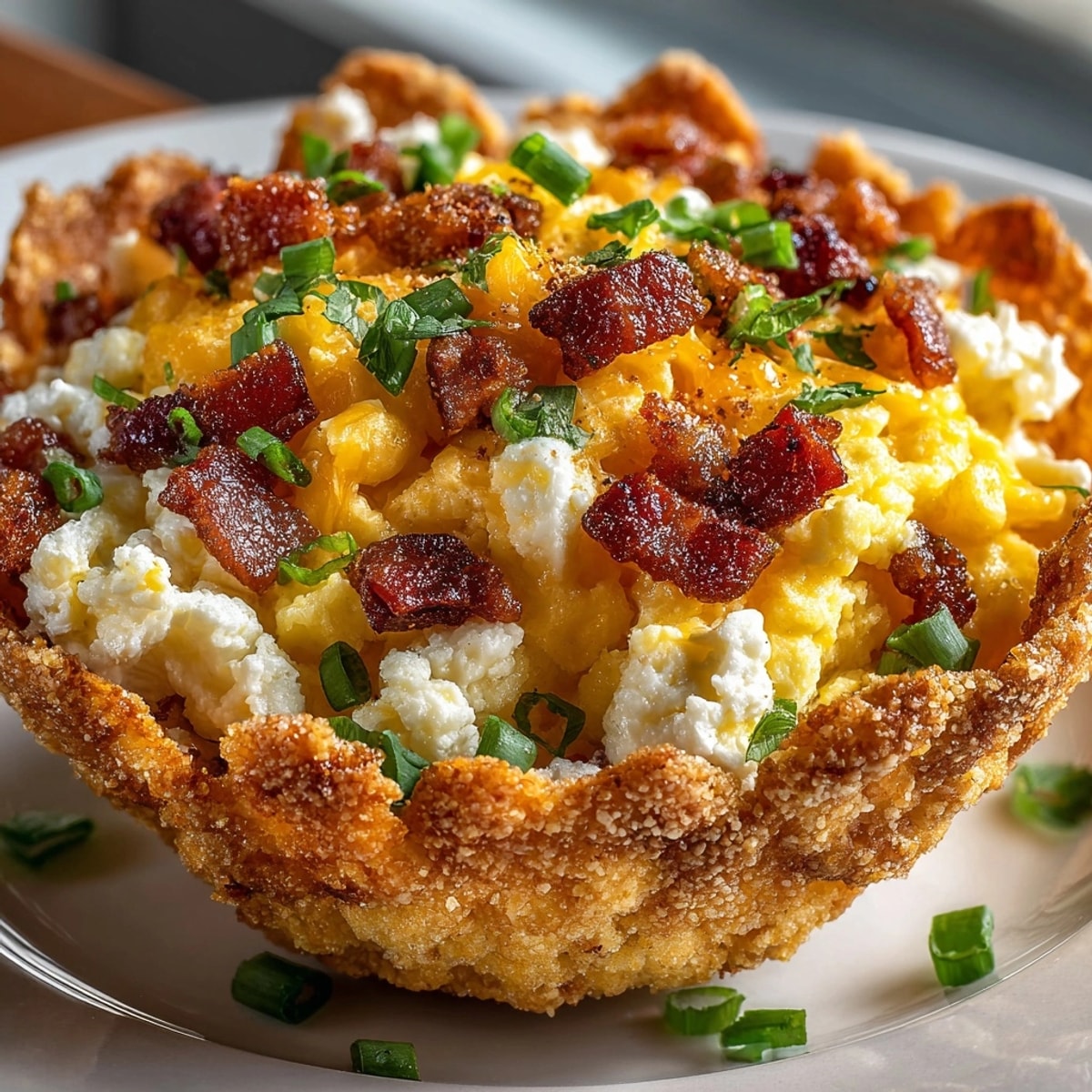 Close-up of a Crunchy Tortilla Breakfast Cup: crispy shell with fluffy egg filling.