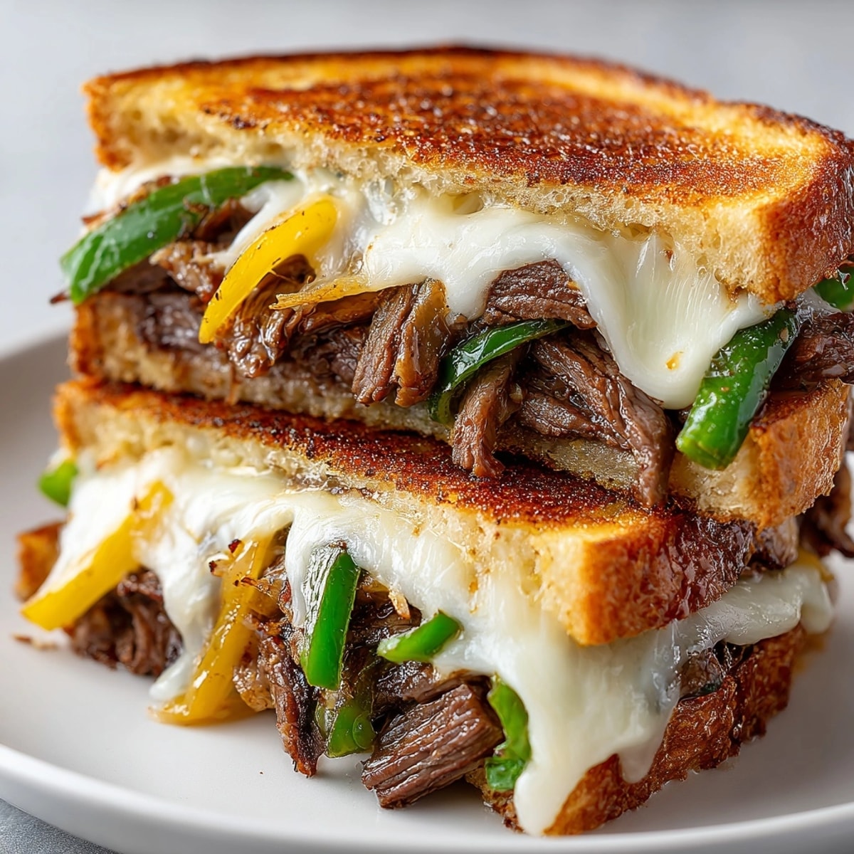 Golden Philly Cheesesteak Grilled Cheese oozing with melted provolone, ready to slice.