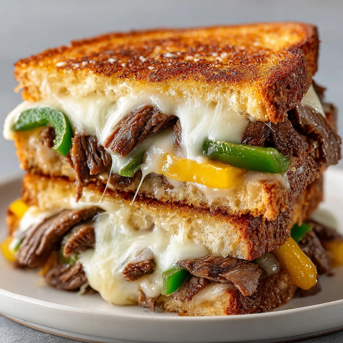 Buttery Philly Cheesesteak Grilled Cheese: Ribeye steak, peppers, and onions between toasted bread.