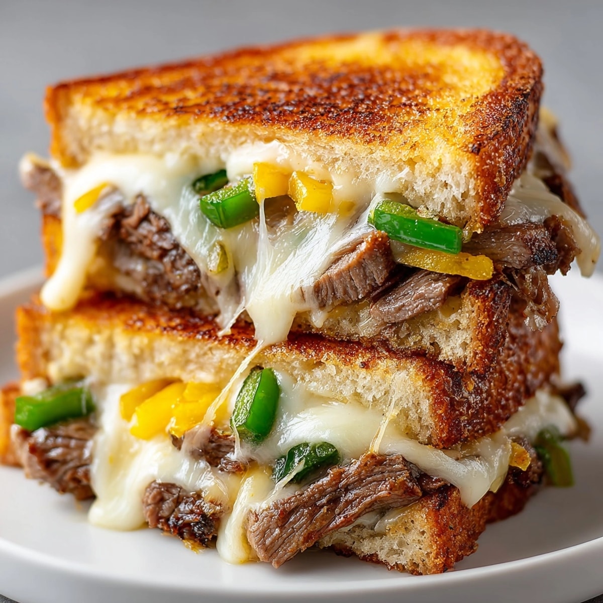 Stacked high: A warm, delicious Philly Cheesesteak Grilled Cheese, melty and savory.