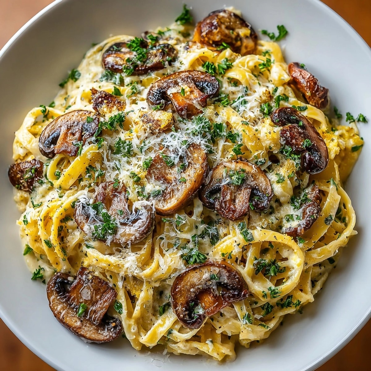 A steamy bowl of Creamy Mushroom Pasta with Garlic, inviting and ready to be enjoyed.