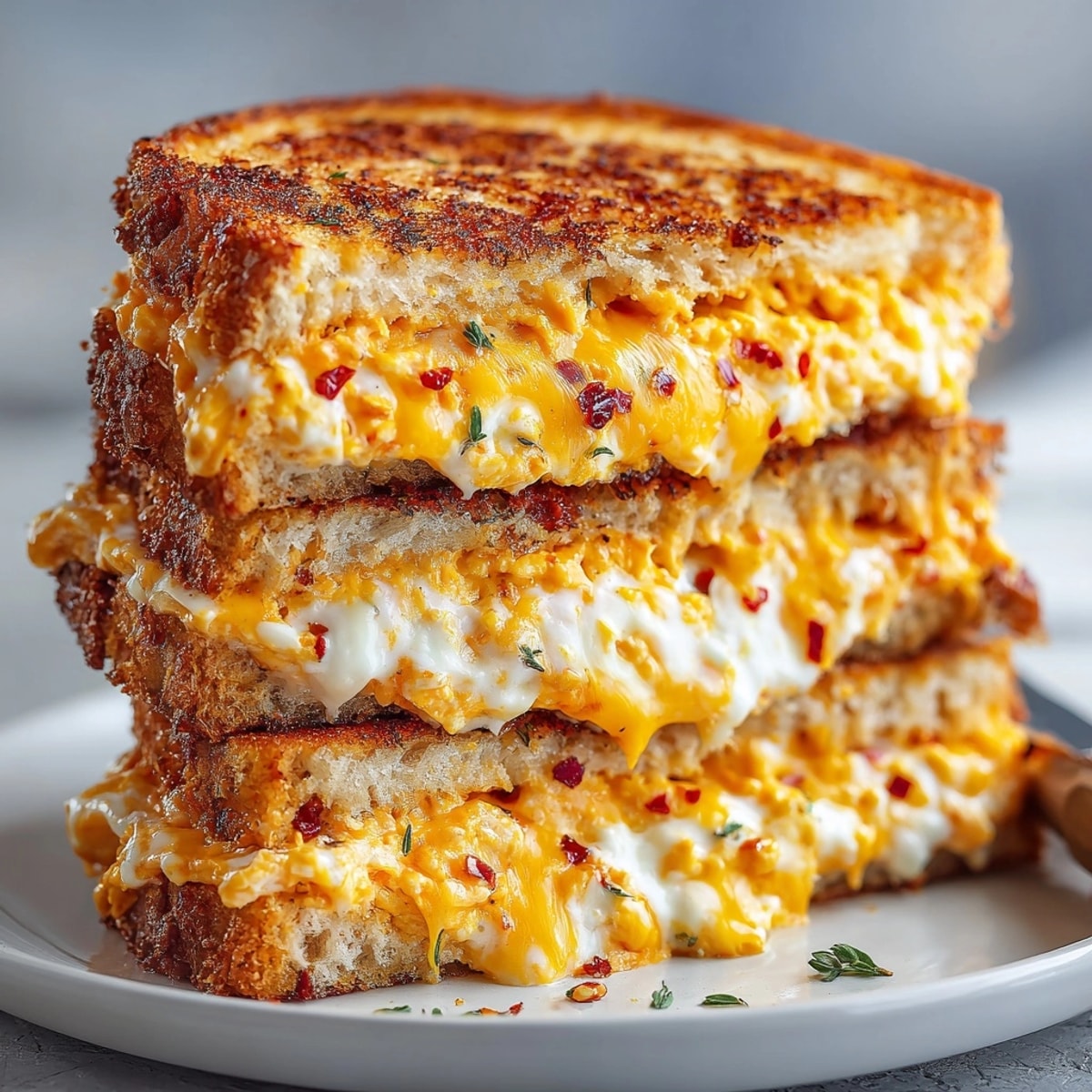 Close-up of a Pimento Cheese Grilled Cheese showing the creamy filling and toasted bread.