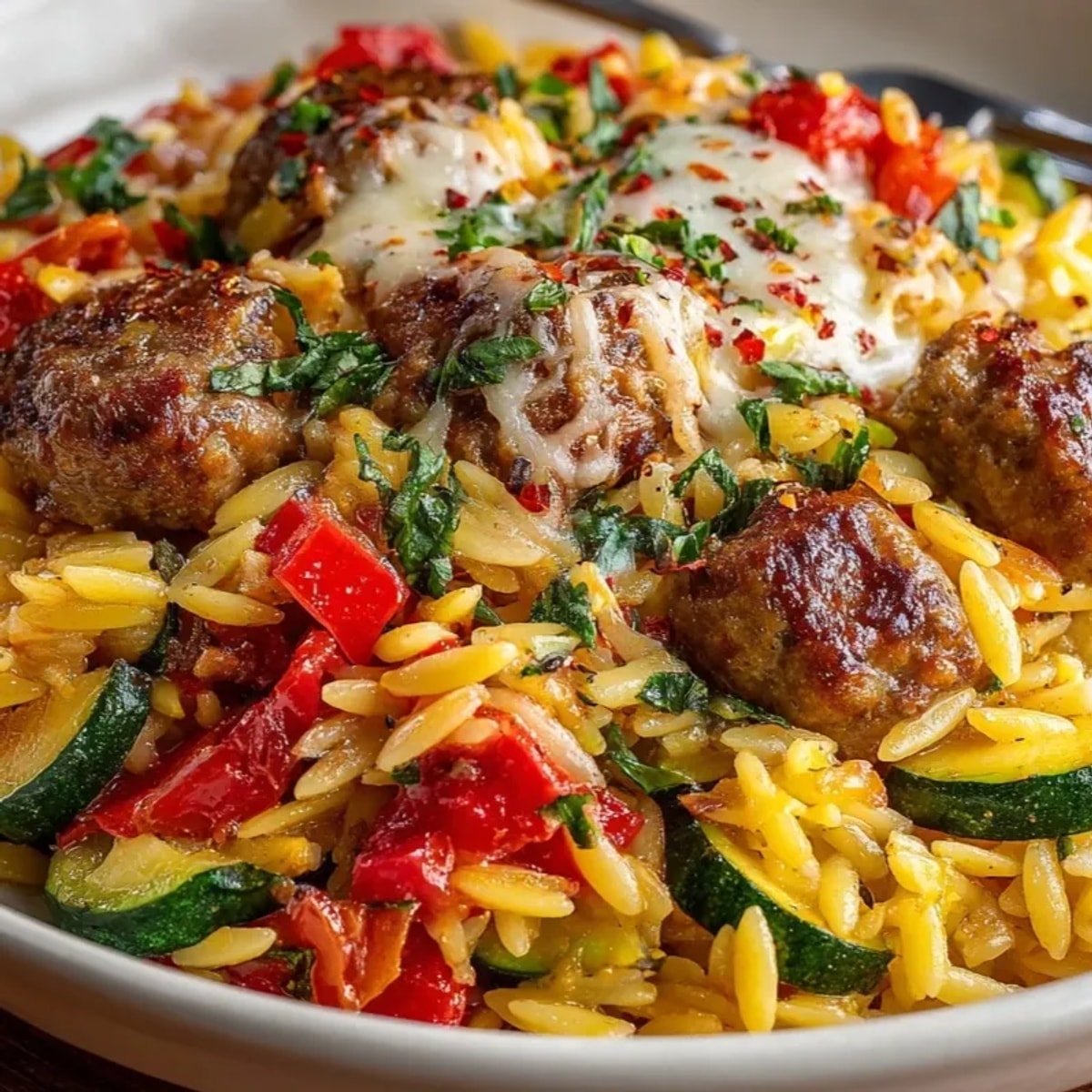 Close-up of the One-Pan Italian Orzo Skillet, a fast, flavorful weeknight dinner.