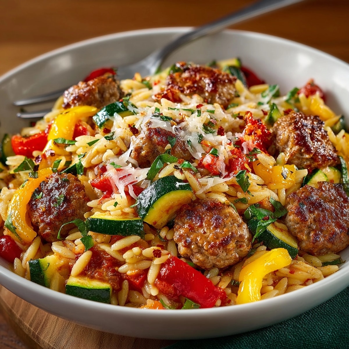 Golden Italian Orzo Skillet: A hearty one-pan meal, ready to serve family style.
