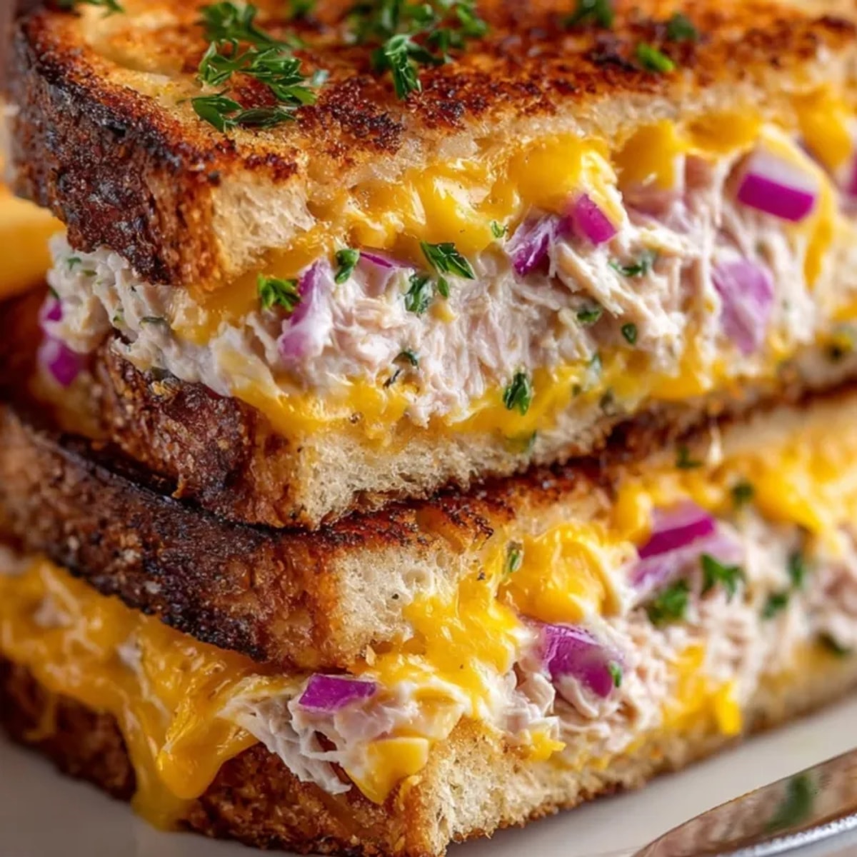 Grilled Tuna Melt Grilled Cheese: golden bread, melted cheddar, savory tuna filling oozing.