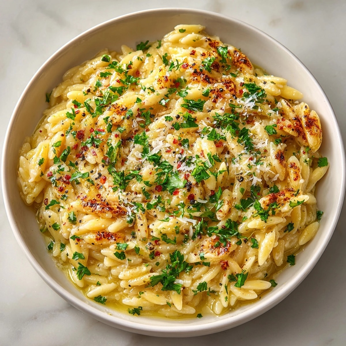 Homemade Roasted Garlic Orzo: Warm, comforting Mediterranean side dish drizzled with rich cream.