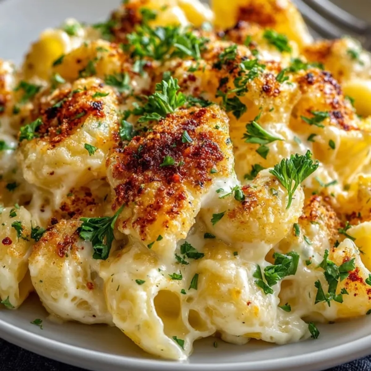 Close-up of bubbling One-Pot Mac and Cheese Pasta, garnished with fresh parsley and paprika.