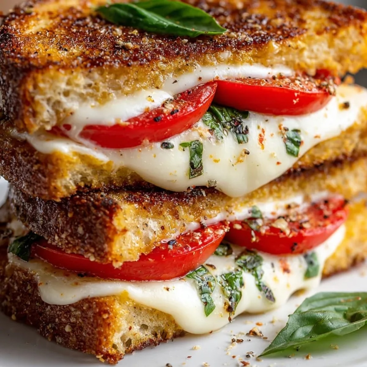 Warm, melty Pizza Margherita Grilled Cheese oozes fresh basil and ripe tomato visible.