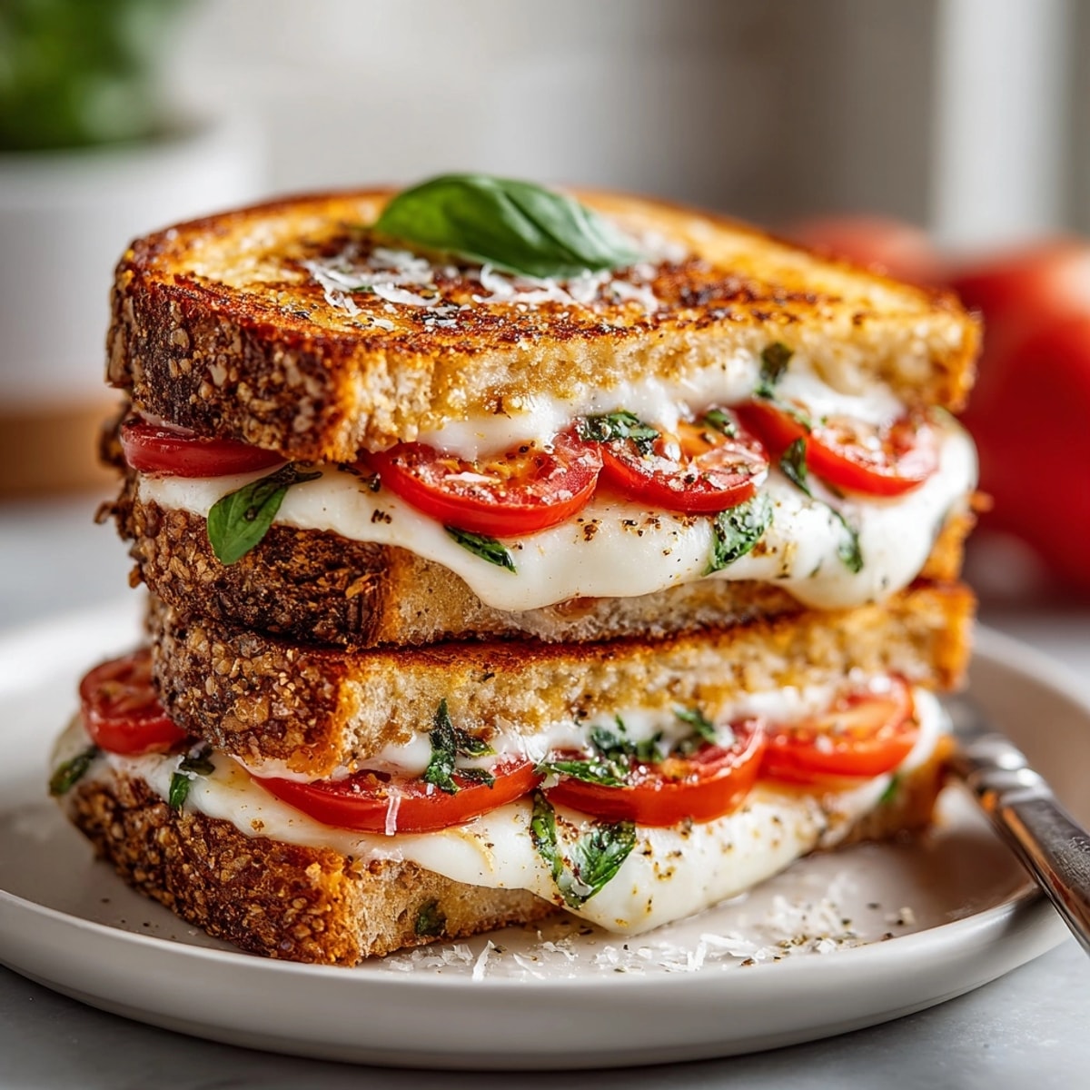 Imagine biting into this Pizza Margherita Grilled Cheese (crispy bread, tangy sauce, bliss!)