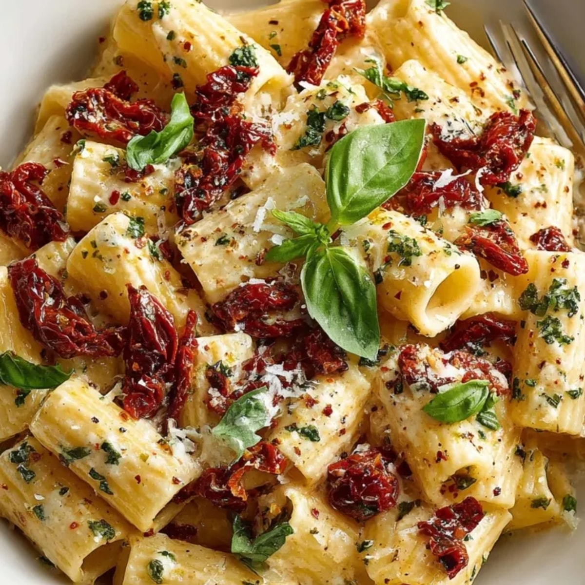 Close-up of creamy Marry Me Pasta, sun-dried tomatoes glistening in a parmesan sauce.