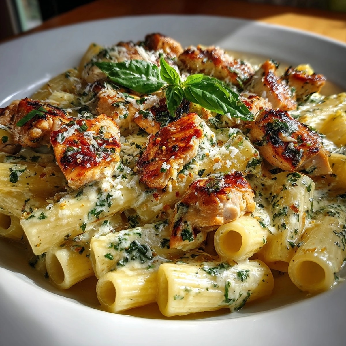 A comforting plate of U.S.-style Creamy Pesto Pasta with Chicken, topped with Parmesan.