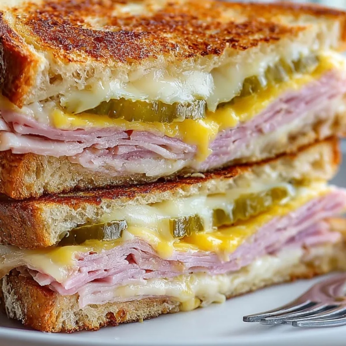 Crispy Cuban Sandwich Grilled Cheese: pork, ham, pickles melt with buttery perfection.