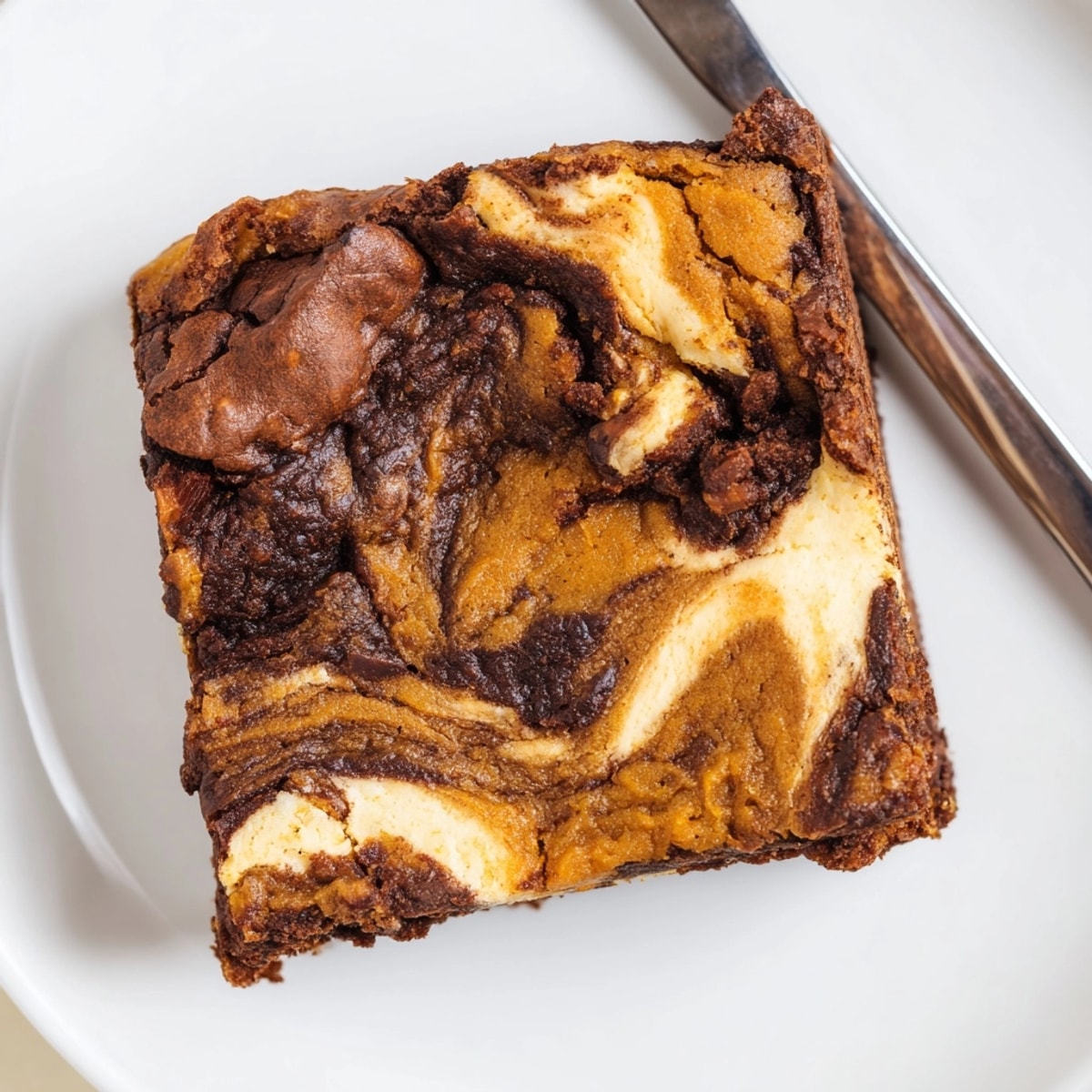 Golden Pumpkin Pie Swirl Brownies baking in a square pan, autumnal dessert treat.