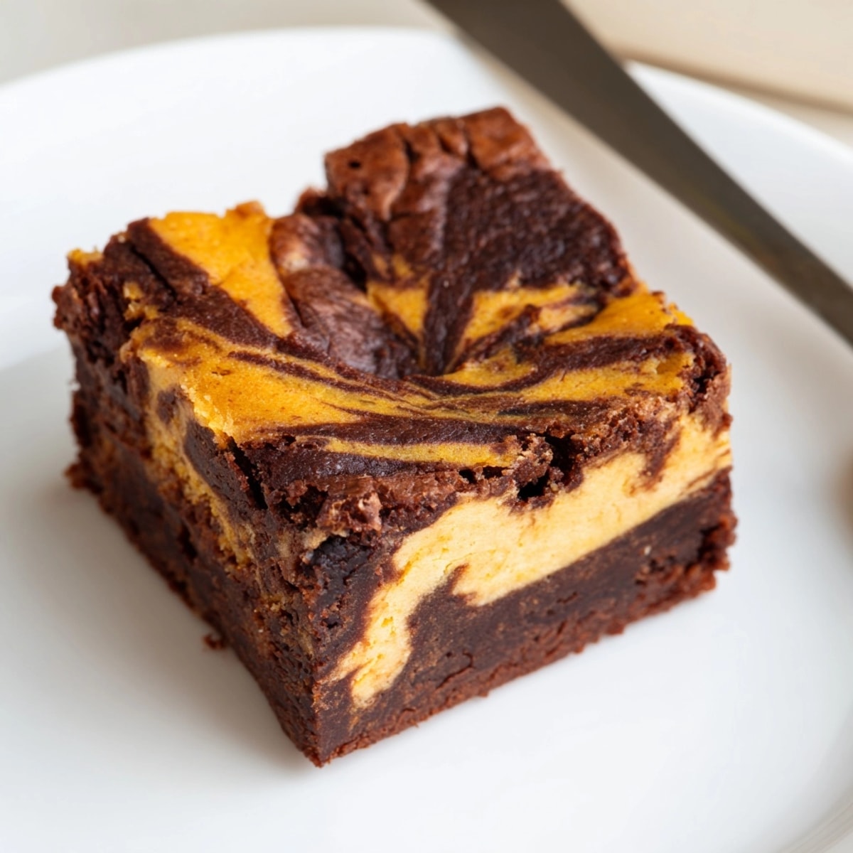 Close up: Rich Pumpkin Pie Swirl Brownies reveal a marbled texture and moist crumb.