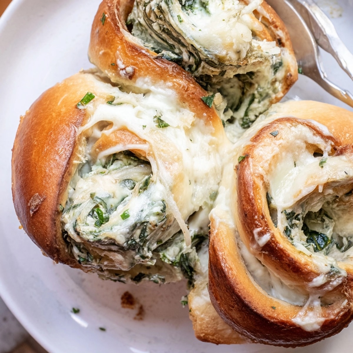 Golden-brown Spinach Alfredo Pull-Apart Rolls, warm from oven, topped with melted Parmesan.